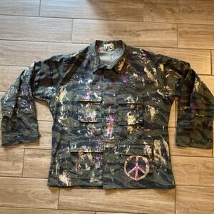 Vintage Tiger Stripe Camo Military Jacket Hand Painted Peace Sign Splatter Art
